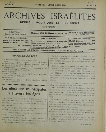 Archives israélites de France. Vol.98 N°111-112 (23 mai 1935)